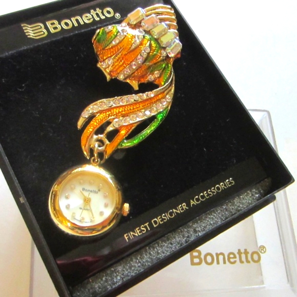 Bonetto Golden Fish Lapel Swarovski Watch Brooch